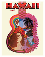 Hawaii - Hawaiian Ukulele - Psychedelic Flower Power Art - c. 1960 - Fine Art Prints & Posters