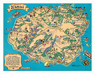 Hawaiian Island of Kauai Map - Vintage Colored Cartographic Map by Hawaii Tourist Bureau - Fine Art Prints & Posters
