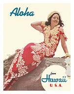 Aloha from Hawaii USA - Red Dress Girl - c. 1941 - Fine Art Prints & Posters