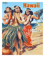 Hawaii - Hawaiian Hula Dancers at the Beach - Fine Art Prints & Posters