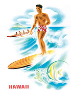 Surfer and Outrigger in Waikiki, Hawaii - Fine Art Prints & Posters