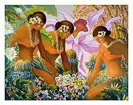 Hawaiian Hula, Women with Tropical Flowers - Fine Art Prints & Posters