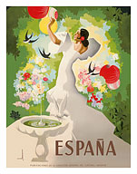 España (Spain) - Flamenco Dancer with Fountain and Birds - Fine Art Prints & Posters