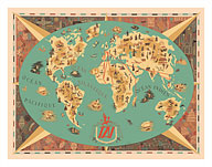 Map of World - TAI Airlines (Transports Aériens Intercontinenteaux) - Fine Art Prints & Posters