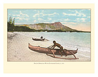 Native with Outrigger Canoe (Wa'a) - Honolulu, Hawaii - c. 1910's - Fine Art Prints & Posters