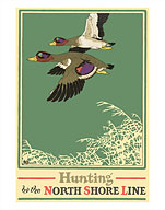 Hunting by the North Shore Line - Mallard Wild Ducks Flying Over Brush - Fine Art Prints & Posters