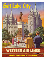 Salt Lake City, Utah - Western Air Lines - Skyway to Western Playgrounds - Temple Square Brigham Young Statue - Fine Art Prints & Posters