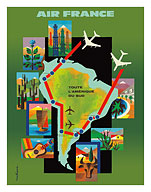 All of South America (Toute L'Amérique Du Sud) - Flight Routes Map - Fine Art Prints & Posters