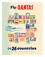 Fly Qantas to 26 Countries - Postal Stamps of the World - Fine Art Prints & Posters