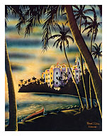 Waikiki Beach Sunset - Honolulu, Hawaii - Pink Palace Royal Hawaiian Hotel - c. 1950's - Fine Art Prints & Posters