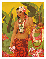 Topless Hawaiian Lei Vendor, Menu Cover - Fine Art Prints & Posters