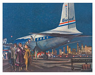 Night Arrival, DC-6 Mainliner 300 - United Air Lines - c. 1952 - Fine Art Prints & Posters