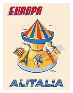 Europe (Europa) - Carousel with Eiffel Tower, Big Ben - Alitalia - c. 1956 - Fine Art Prints & Posters