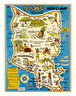Oahu, Hawaii Mem-O-Map - World War II Military Souvenir Map - Vintage Pictorial Map c.1946 - Fine Art Prints & Posters
