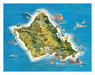 The Island of Oahu Hawaii - Pictorial Map c.1962 - Fine Art Prints & Posters