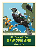 Natives of the New Zealand Forests - Karaka Berry - Tui Bird - c. 1950 - Fine Art Prints & Posters