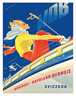 Switzerland (Svizzera) - Skier on Train - Montreux-Oberland Bernois (MOB) Railway - c. 1946 - Fine Art Prints & Posters