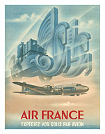 Ship Your Parcels By Plane (Expédiez Vos Colis Par Avion) - Airplane and Horse Drawn Carriage - c. 1949 - Fine Art Prints & Posters