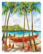 A Peaceful Voyage - Hawaiian Canoe (Wa'a) - Diamond Head Crater - Fine Art Prints & Posters