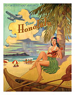Visit Honolulu - Hawaii Hula Girl Playing Ukulele - Fly Interisland Airlines - Fine Art Prints & Posters
