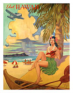 Visit Hawaii - Hawaiian Hula Dancer with Ukulele - Fine Art Prints & Posters