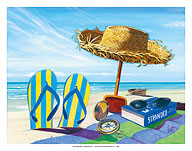 Stranded - Beach Going Essentials: Book, Straw Hat, Sunglasses, Beach Towel, Flip Flops - Fine Art Prints & Posters
