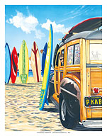 Beach Cruiser Kids - Retro Woodie on Beach with Surfboards - Fine Art Prints & Posters