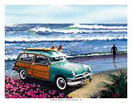 Surf City - Retro Woodie on Beach with Surfboards - Fine Art Prints & Posters