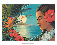 Aloha Moonrise - Hula Girl - Full Moon over Diamond Head Crater - Fine Art Prints & Posters