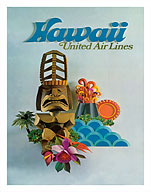 Hawaii - United Air Lines - Tiki & Volcano - Giclée Art Prints & Posters