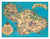 Hawaiian Island Of Maui - Vintage Colored Cartographic Map by Hawaii Tourist Bureau - Giclée Art Prints & Posters