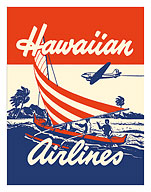 Hawaiian Airlines - Hawaiians in Outrigger Canoe (Wa'a) - c. 1940's - Giclée Art Prints & Posters