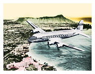 Over Oahu, Hawaii - Pan American World Airways - Douglas DC-4 Clipper - Diamond Head Crater, Waikiki Beach - Giclée Art Prints & Posters