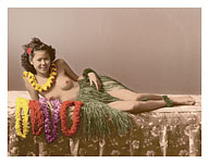 Young Topless Hawaiian Girl - Classic Vintage Hand-Colored Tinted Art - Giclée Art Prints & Posters