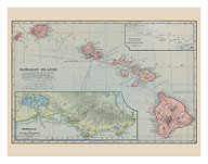 Hawaiian Islands Map - Pearl Harbor, Honolulu - Giclée Art Prints & Posters