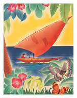 Tropical Flowers, Sailboat and Butterflies - Moore-McCormack Lines - c. 1949 - Fine Art Prints & Posters