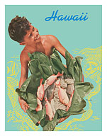 Hawaii - Hawaiian Boy with Fish in Ti Leaves c. 1941 - Giclée Art Prints & Posters