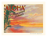 Aloha, Hawaiian Islands - Sunset on Diamond Head - c. 1935 - Giclée Art Prints & Posters