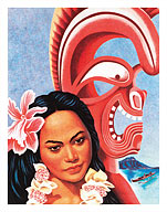 Hawaiian Girl and Feather War God Tiki - American President Lines - Fine Art Prints & Posters