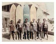 Hawaiian Duke Kahanamoku and his Brothers with Surfboards at Waikiki Beach, Hawaii - Fine Art Prints & Posters
