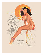 Hawaiian Topless Pin Up Girl - They Grow Big Down Here... Coconuts I Say! - Fine Art Prints & Posters