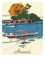 Hawaii - SS Malolo Menu Cover - Hawaiian Fishermen and Outrigger - c. 1929 - Fine Art Prints & Posters