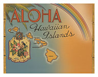 Aloha Hawaiian Islands - Rainbow State - Map of Hawaii - c. 1944 - Giclée Art Prints & Posters