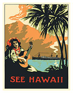 See Hawaii - Matson Navigation Co. - San Francisco Honolulu - Direct to Volcano - Hawaiian Girl Playing Ukulele - Giclée Art Prints & Posters