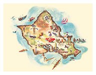 Map of Oahu, Hawaii - Illustrated Map - c. 1953 - Giclée Art Prints & Posters