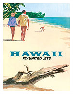 Hawaii - Fly United Jets - United Air Lines - Walking on the Beach - Giclée Art Prints & Posters