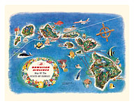 Pictorial Map of the State of Hawaii - Hawaiian Airlines Route Map - Giclée Art Prints & Posters