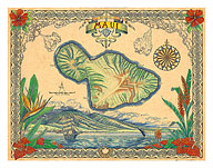 Vintage Style Map of the Island of Maui, Hawaii - Giclée Art Prints & Posters