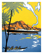 Steamship and Hawaiian Outrigger Canoe - Giclée Art Prints & Posters