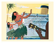 Hula Greeting on Boat Day, Honolulu Harbor, Hawaii - Giclée Art Prints & Posters